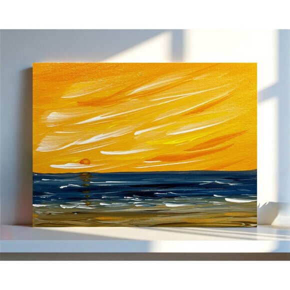Sun Setting Over The Sea Acrylic Seascape Painting 6" x 8" Unframed - Signed - Picture 1 of 7